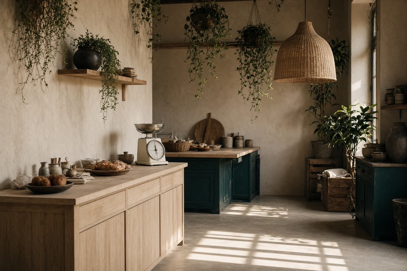 Interior de uma padaria-atelier brasileira, com balcão de madeira e luz da tarde.