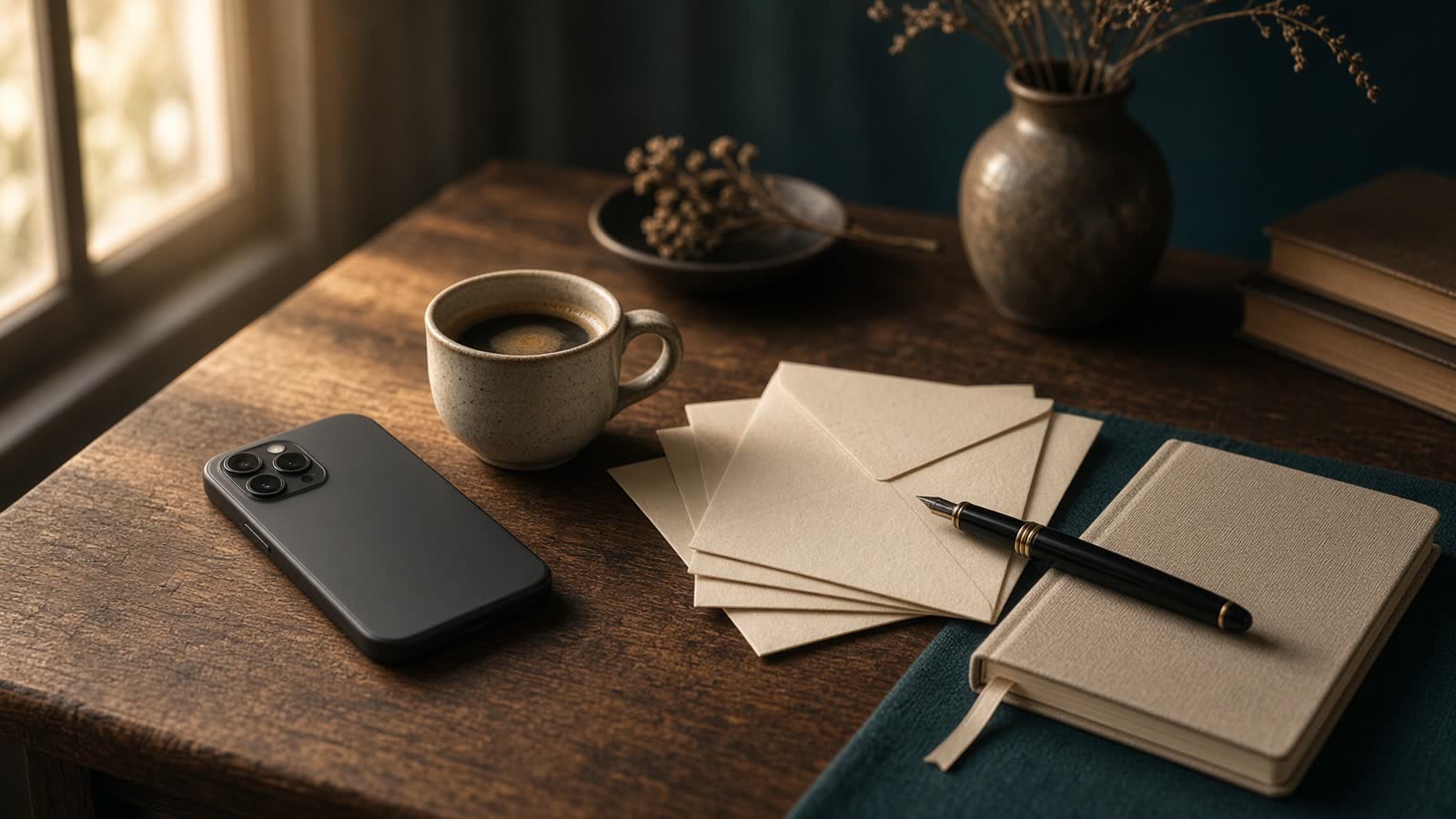 Mesa de trabalho de um pequeno negócio, com telefone, caderno e envelopes.
