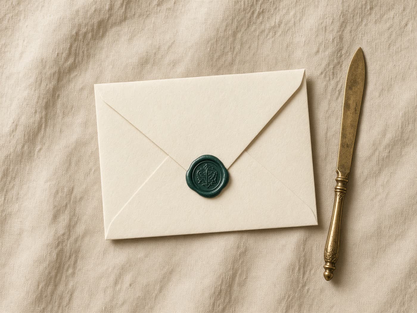 Envelope lacrado com um selo verde-petróleo sobre linho claro.